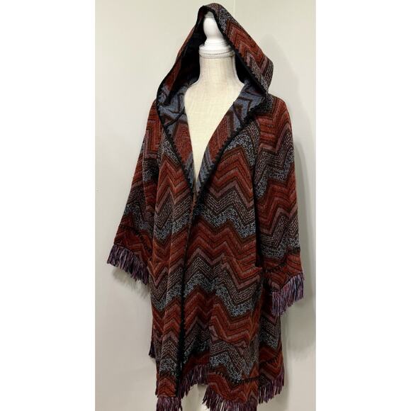 Anthropologie Hei Hei Mesilla Cardigan Jacket M/L Chevron Red Boho Fringe Hooded - Picture 2 of 4